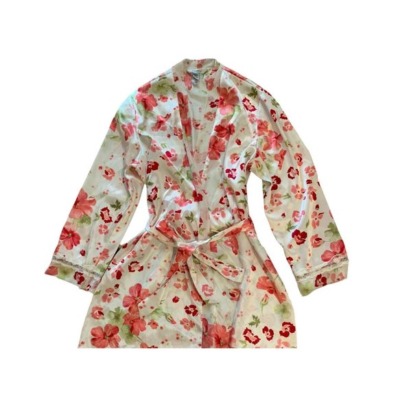 Delicates Red Floral 100% Polyester Wrap Up Short Robe Size Large - Picture 2 of 2
